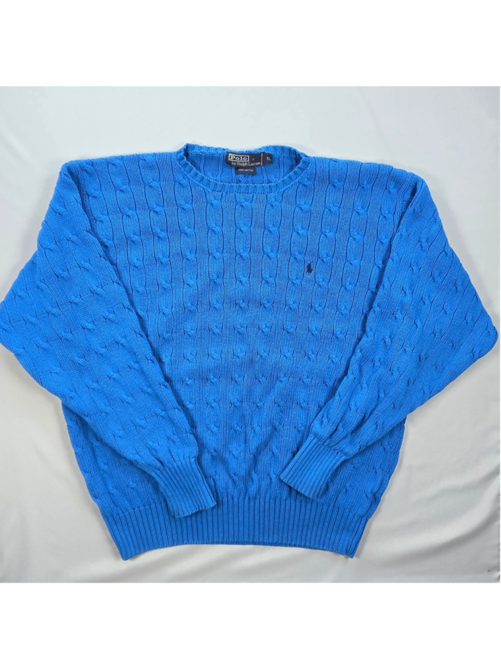 Vintage 90s Polo Ralph Lauren Cable Knit Sweater Mens XL Blue Cotton Hong Kong